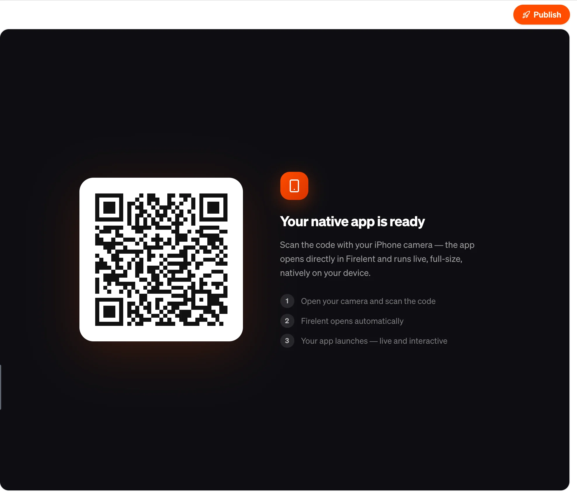 The app preview with a QR code and the steps to open the app on an iPhone