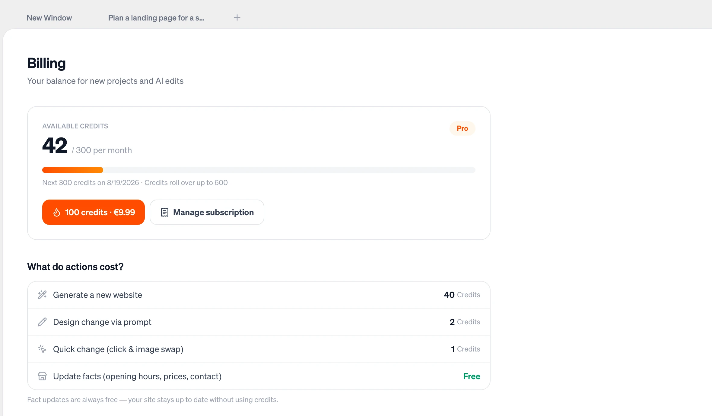 The Billing page with available credits, a top-up button and the cost of each action