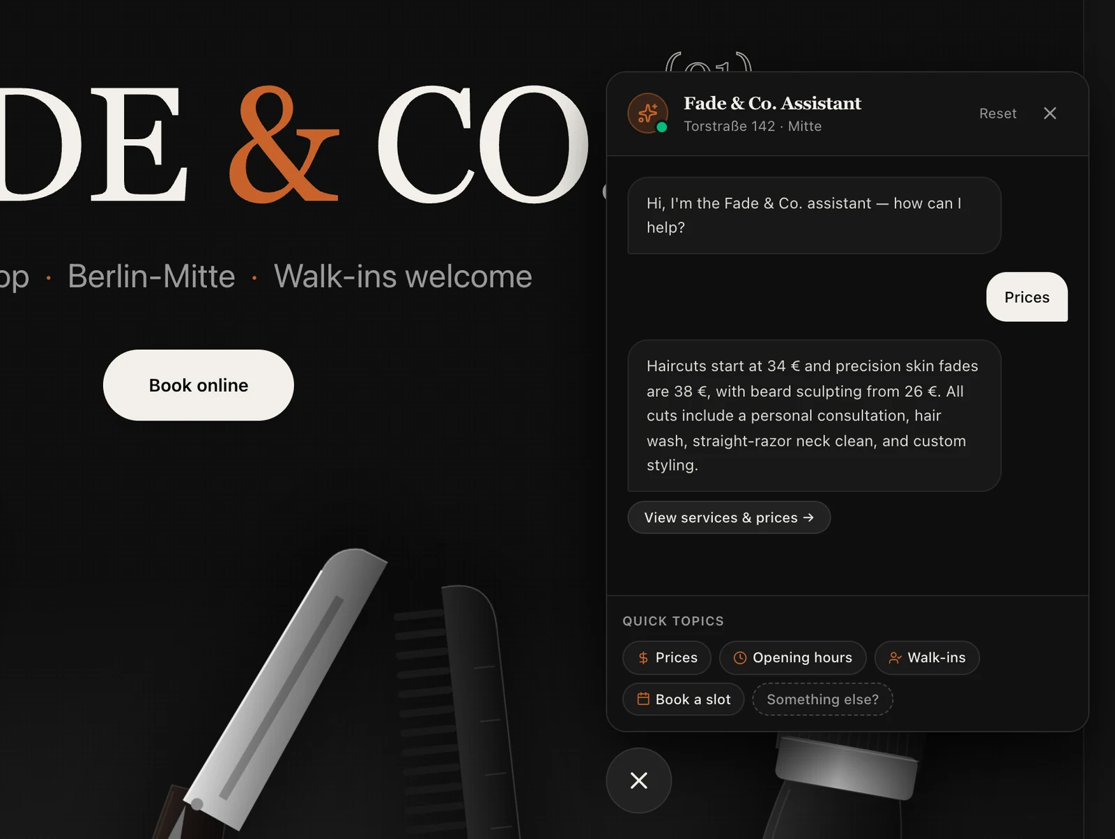 The Fade & Co. chat assistant answering a question about prices, with quick topics below