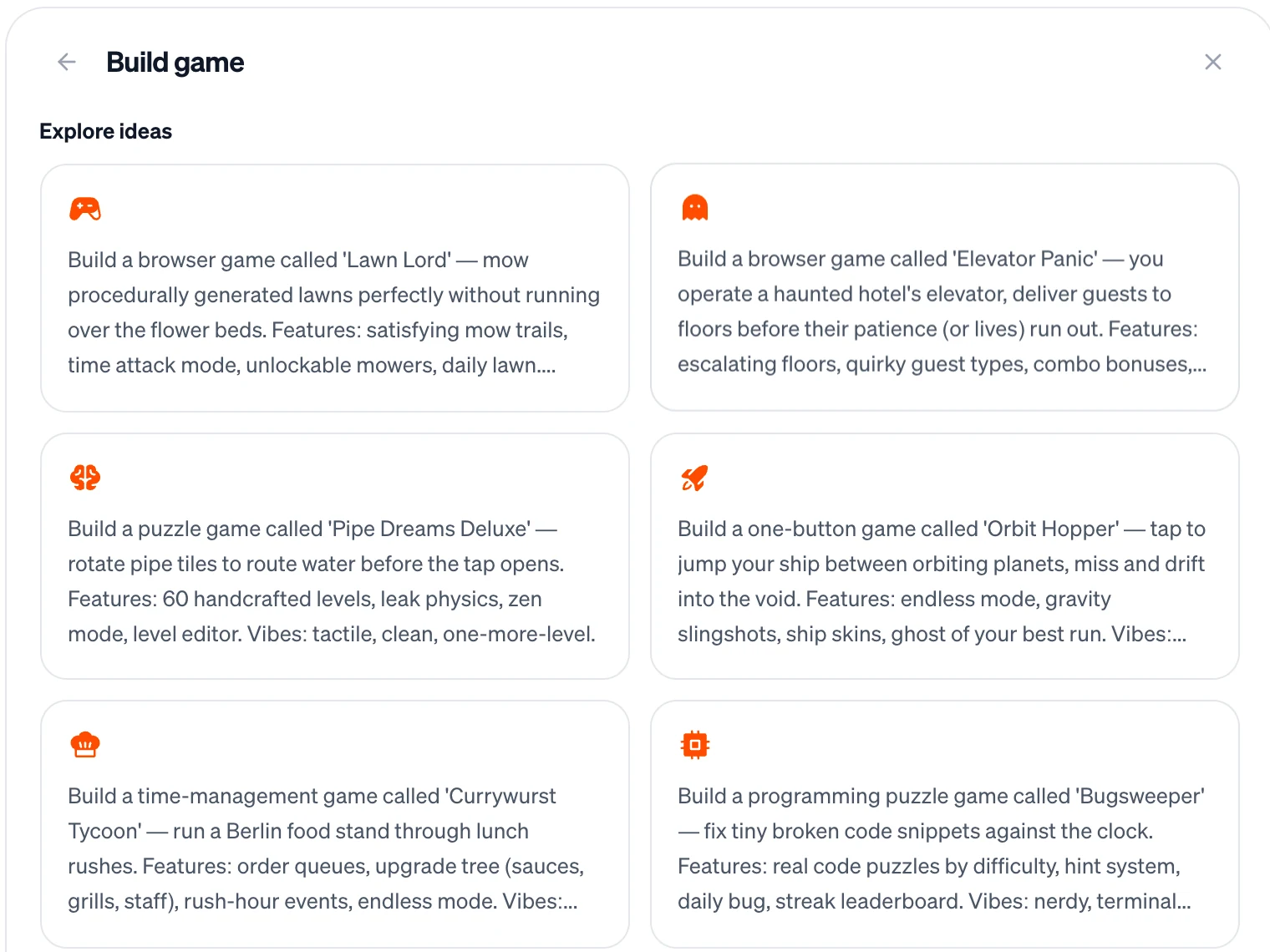 The Build game panel with six game ideas