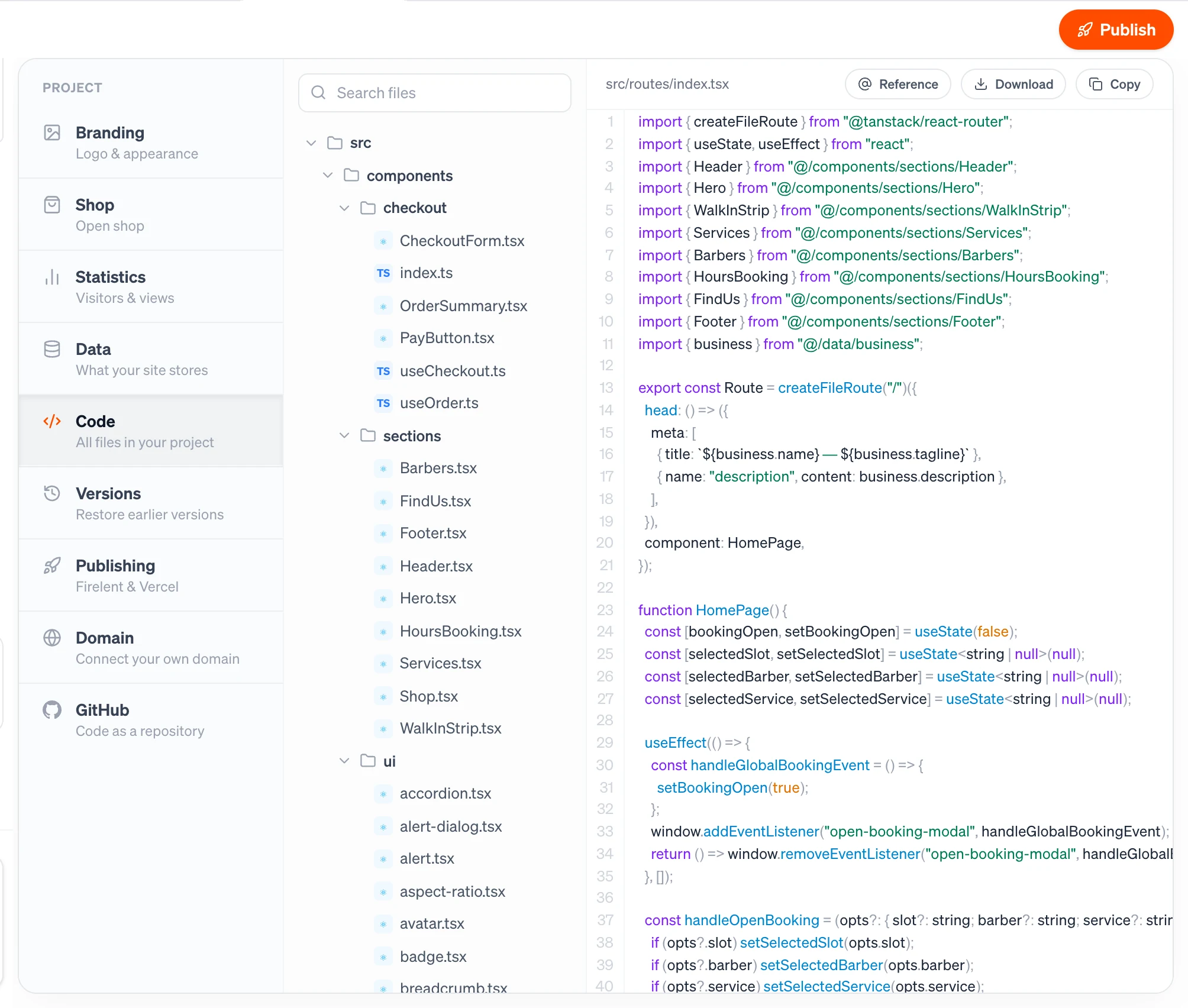 The Code section with a file tree and an open file