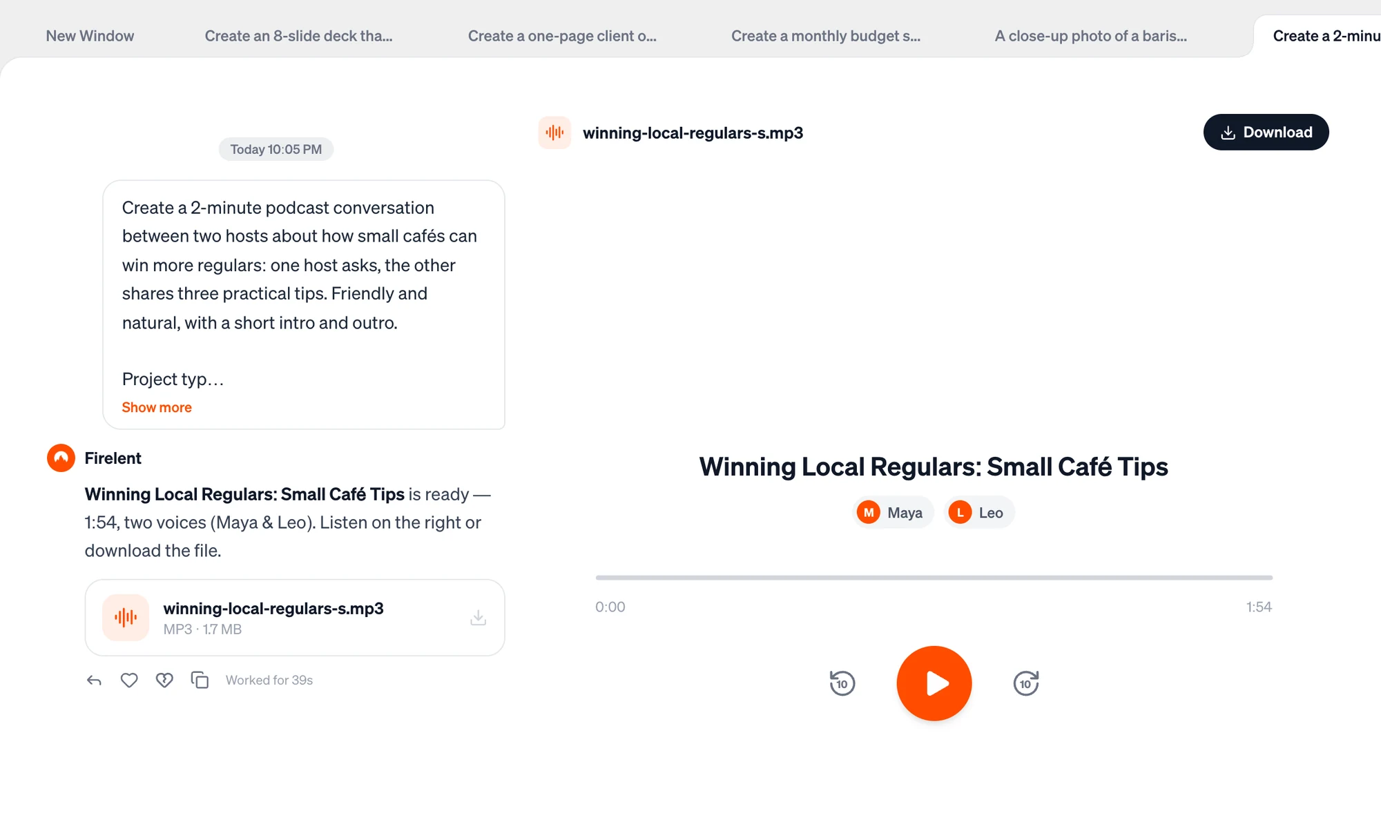 A two-voice podcast episode in Firelent: the chat with the audio file on the left, a player with both speakers on the right