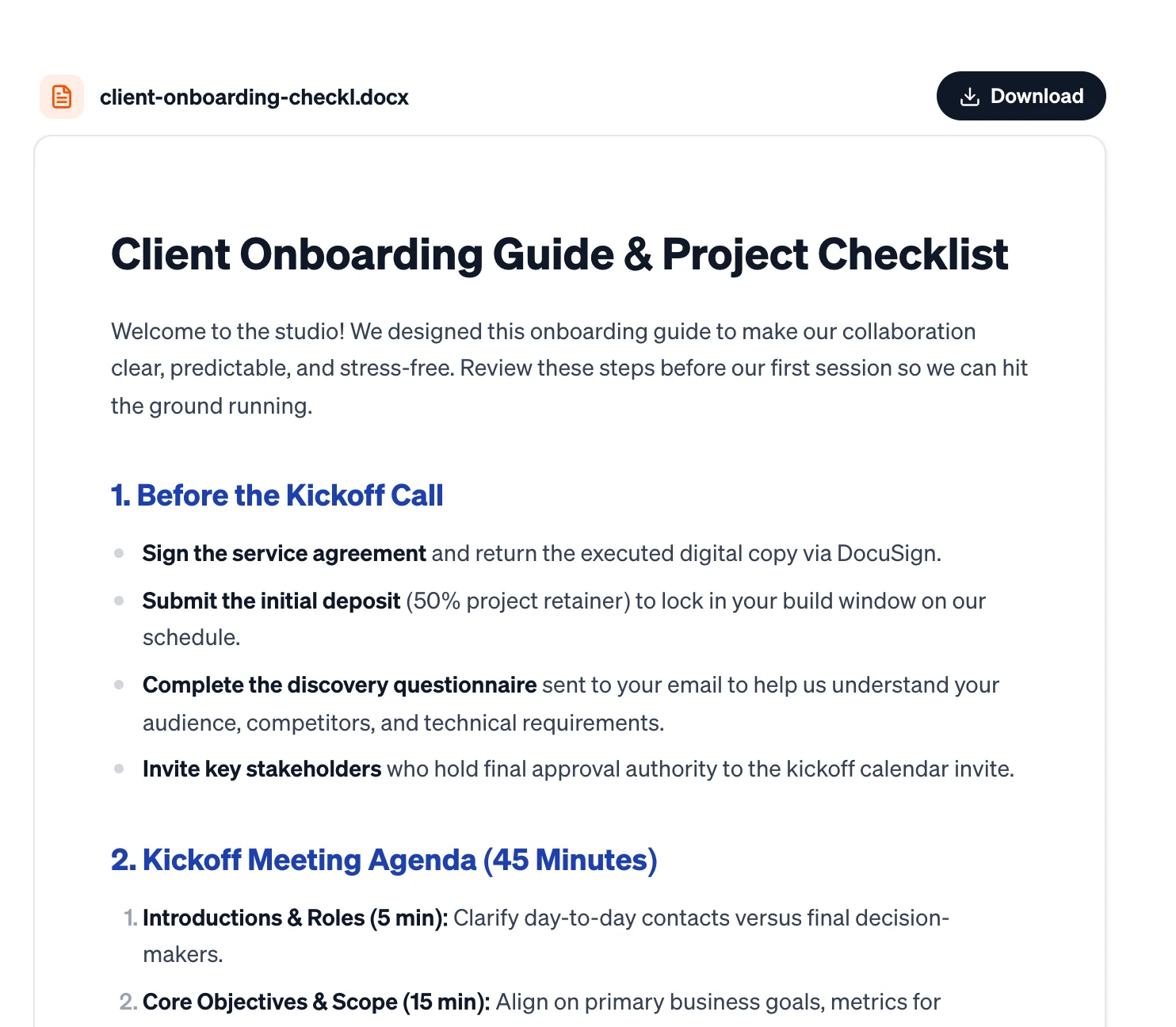 A client onboarding checklist in the document preview, with headings, bullet points and a Download button