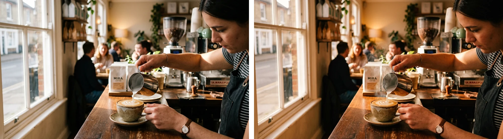 Two versions of the same café photo side by side: the first result, and a warmer version after a follow-up request