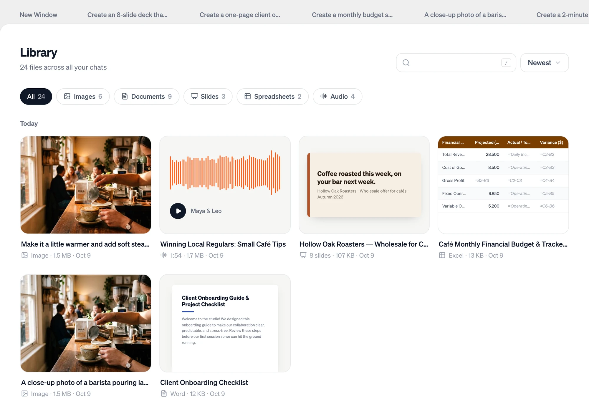 The Library with filters for All, Images, Documents, Slides, Spreadsheets and Audio, showing created files as cards