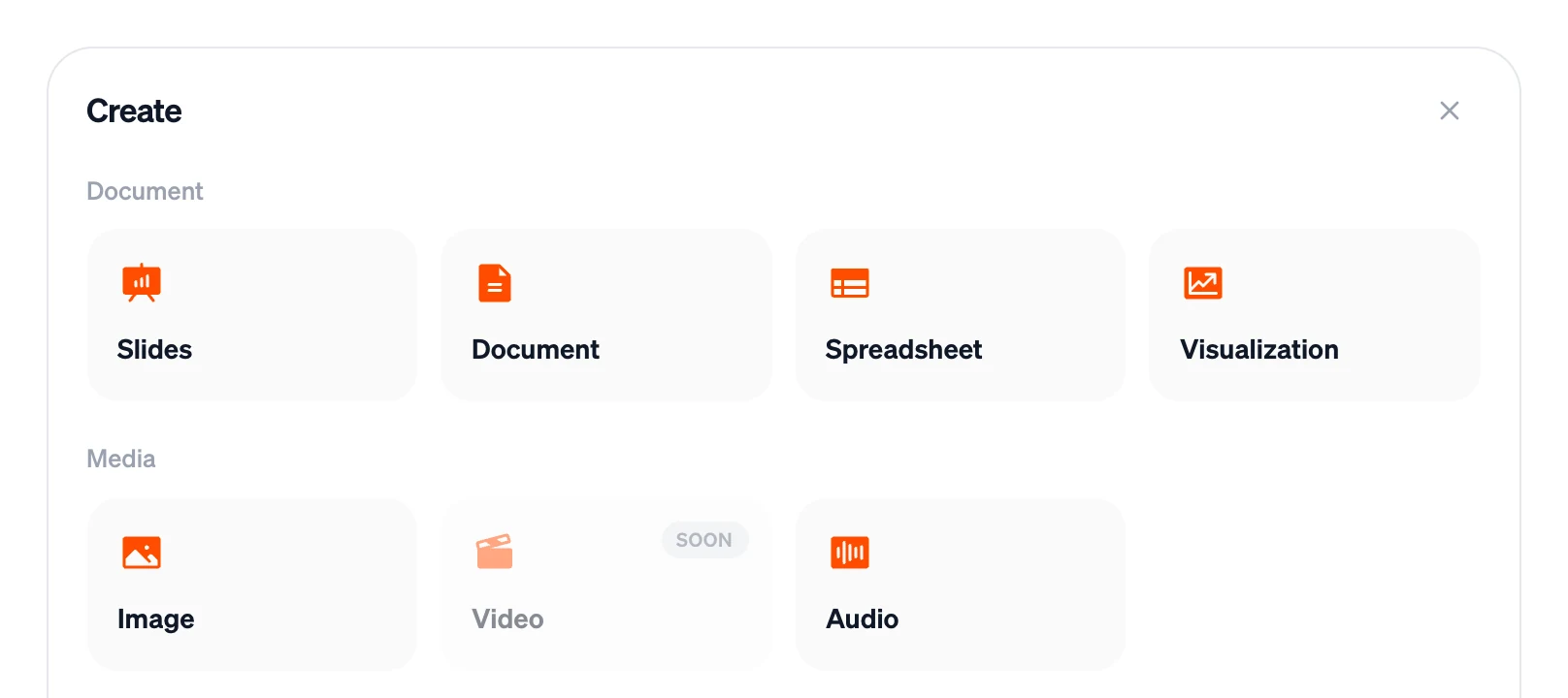 The Create panel with Slides, Document, Spreadsheet and Visualization under Document, and Image, Video (marked Soon) and Audio under Media