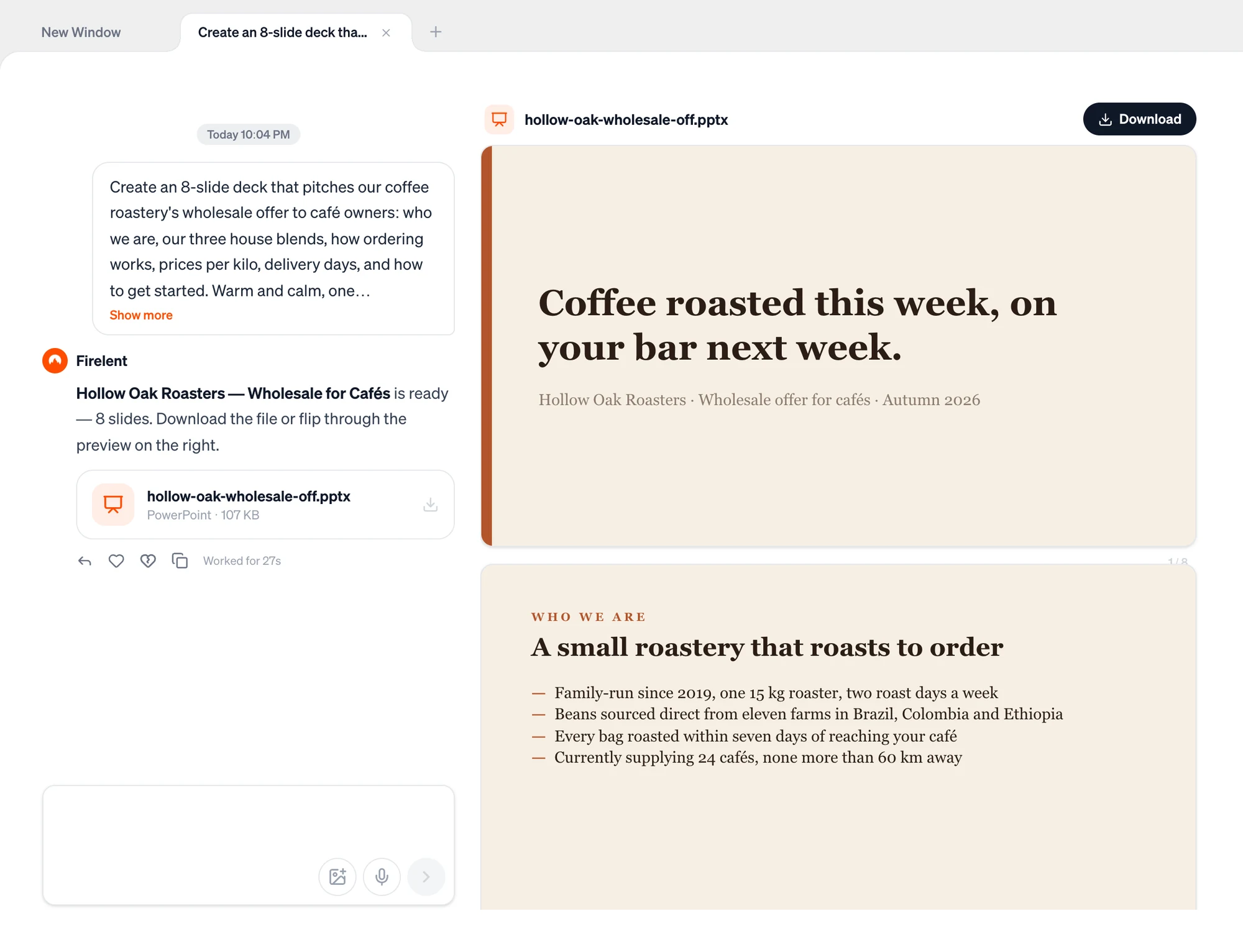 A finished slide deck: the chat with the file card on the left, the slide preview with a Download button on the right