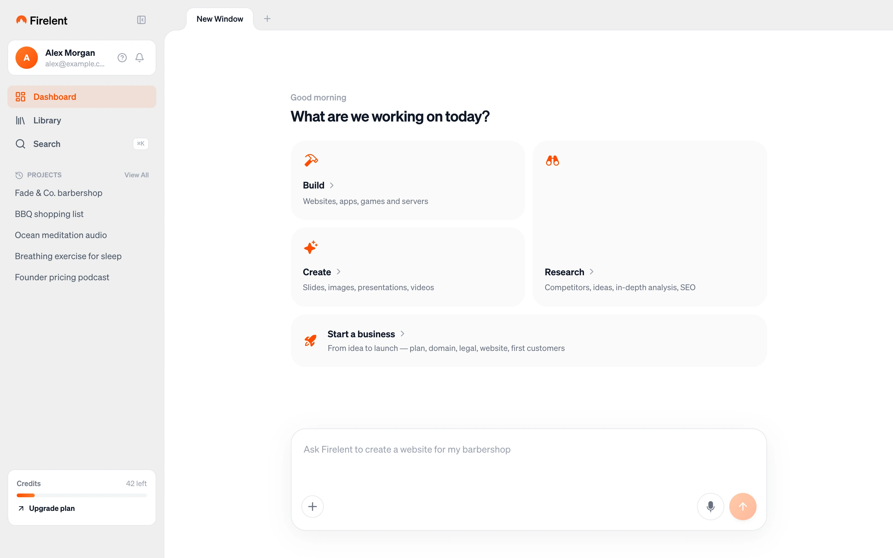 The Firelent dashboard with the Build, Create and Research tiles and the prompt composer