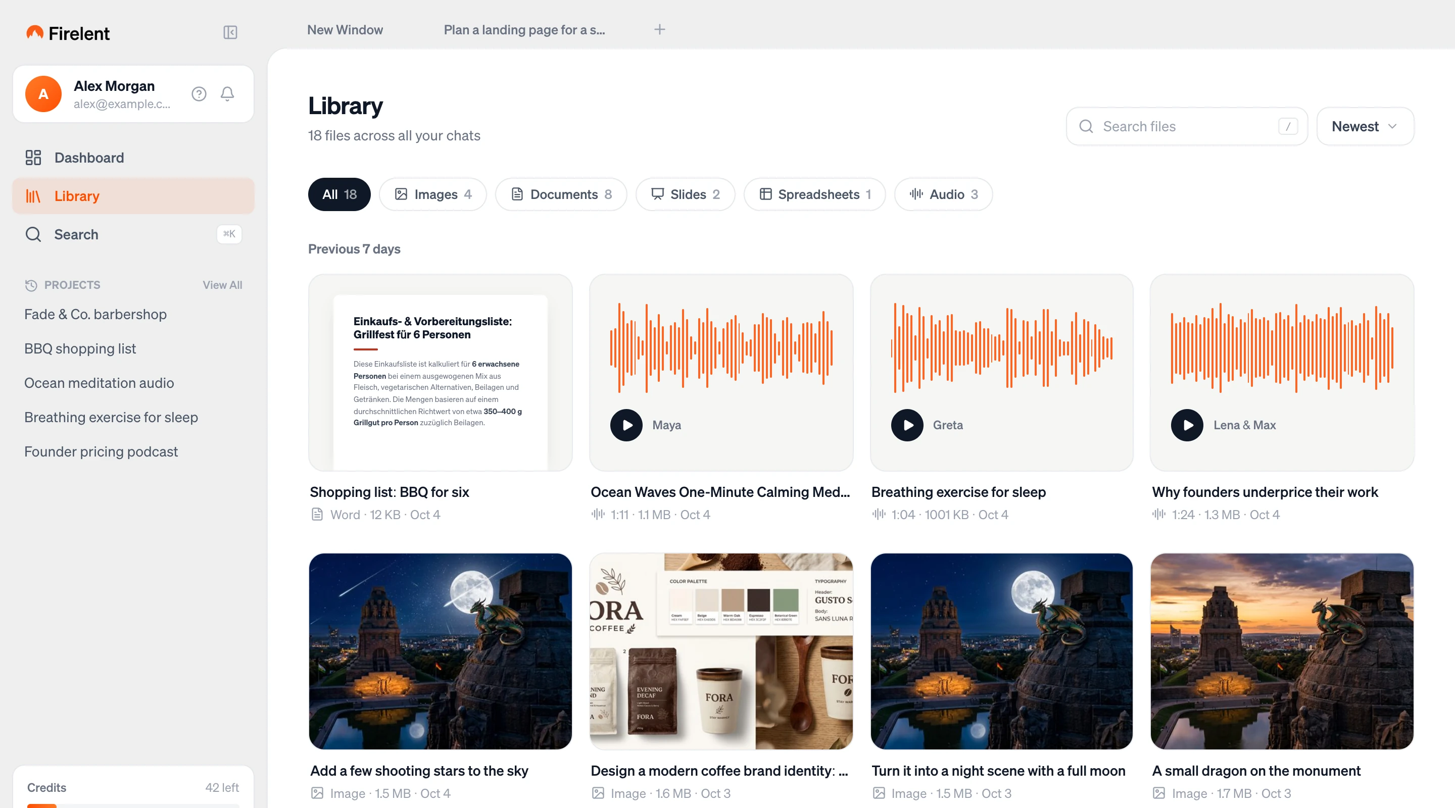 The Library with filters for images, documents, slides, spreadsheets and audio