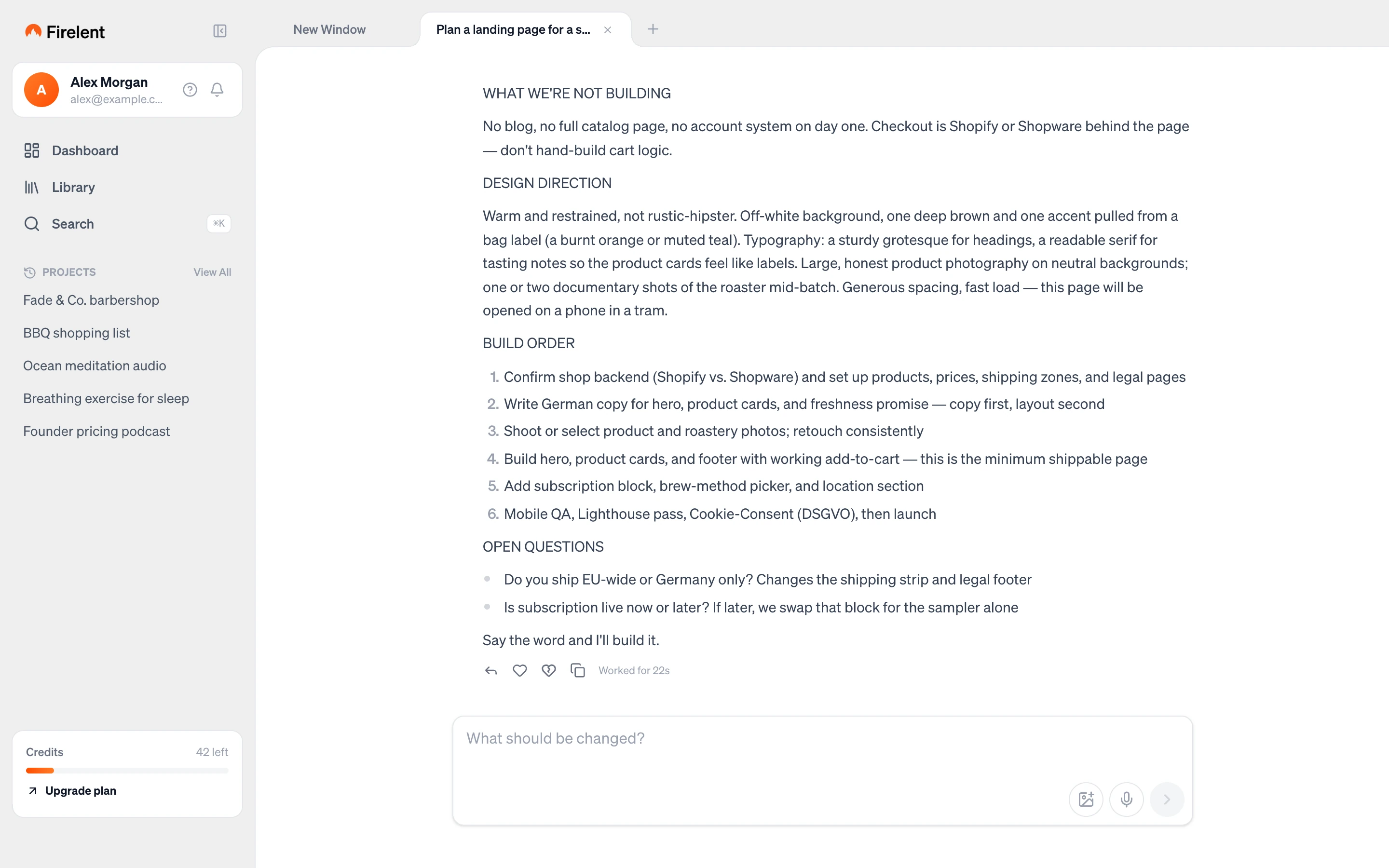 A project chat showing a plan with design direction, build order and open questions
