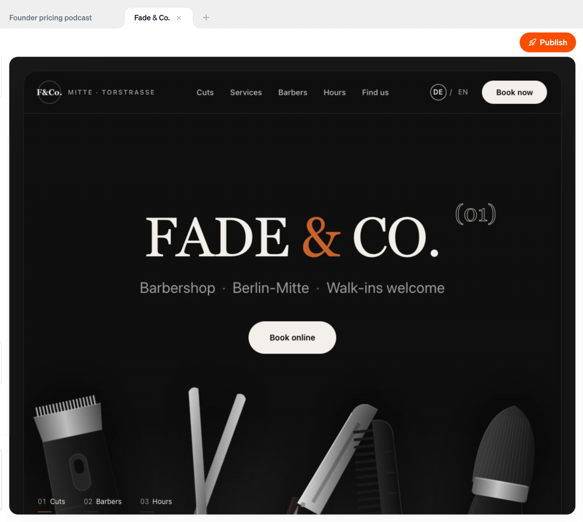 The live preview of a barbershop website inside the Firelent editor