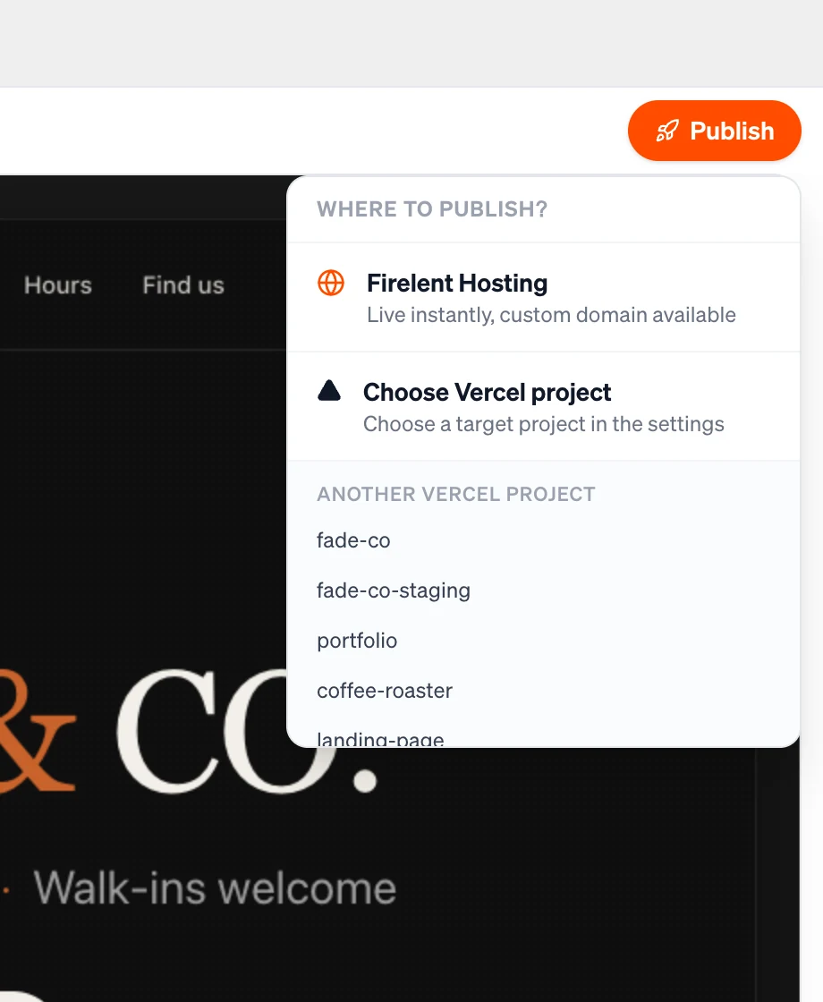 The Where to publish? menu with Firelent Hosting and Vercel