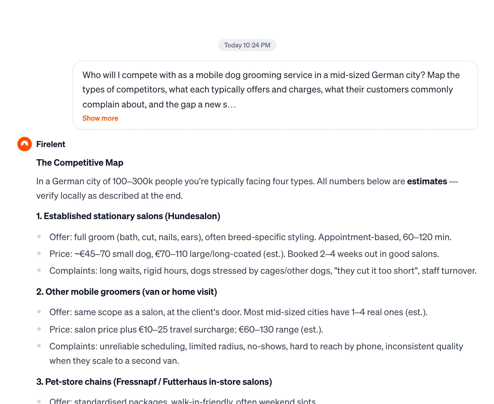 A research answer in the chat: a competitive map for a mobile dog grooming service, with competitor types, offers, estimated prices and complaints