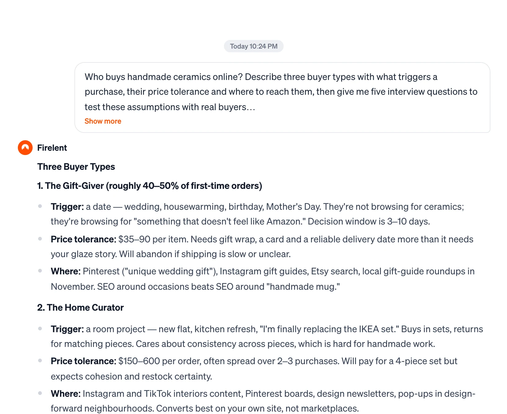 A customer research answer in the chat describing buyer types for handmade ceramics, with triggers and price tolerance