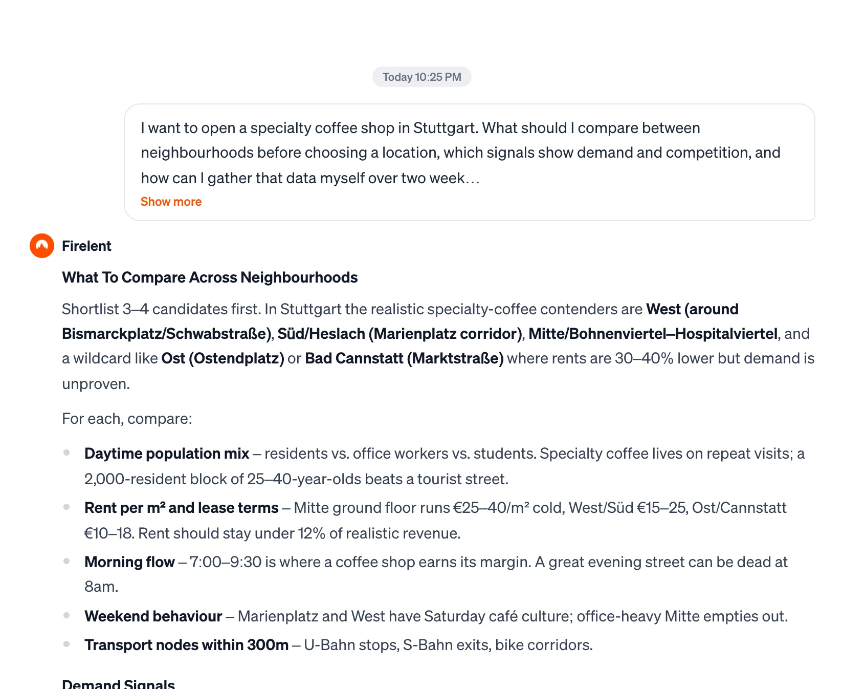 A location research answer in the chat comparing Stuttgart neighbourhoods for a specialty coffee shop: population mix, rents, morning flow and transport