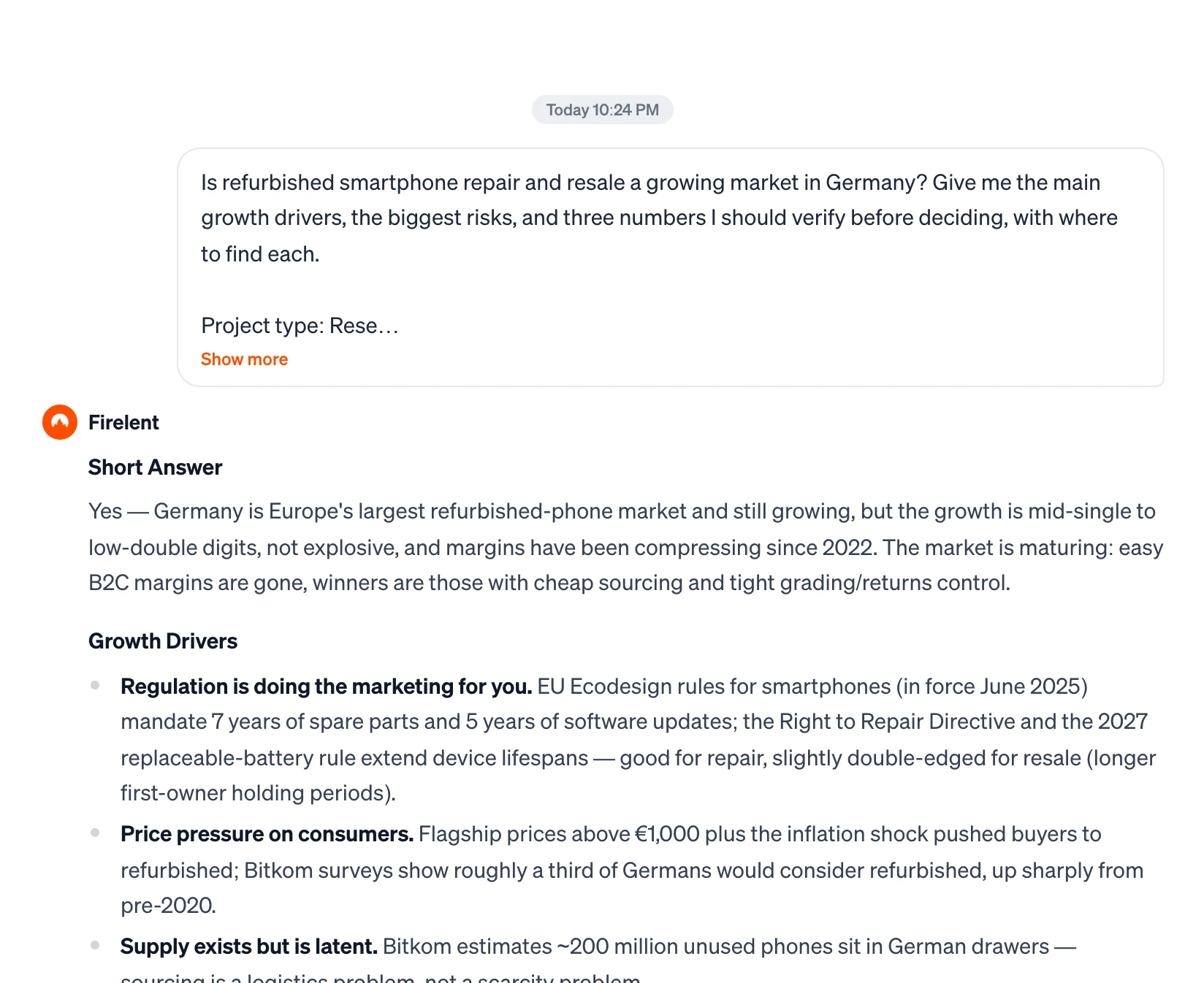 A market research answer in the chat: a short answer, then growth drivers for refurbished smartphones in Germany