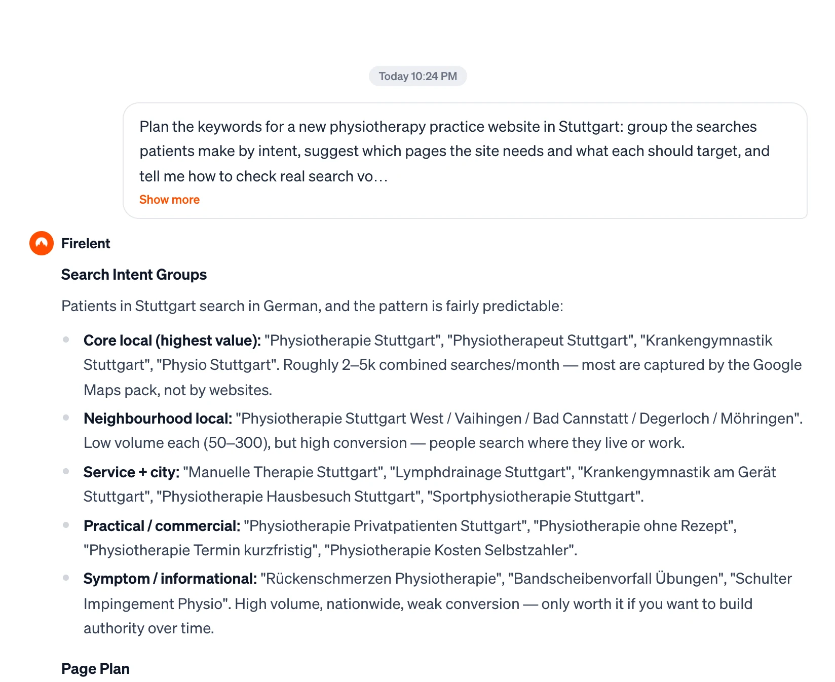 An SEO research answer in the chat: search intent groups for a physiotherapy practice in Stuttgart, with example searches in German
