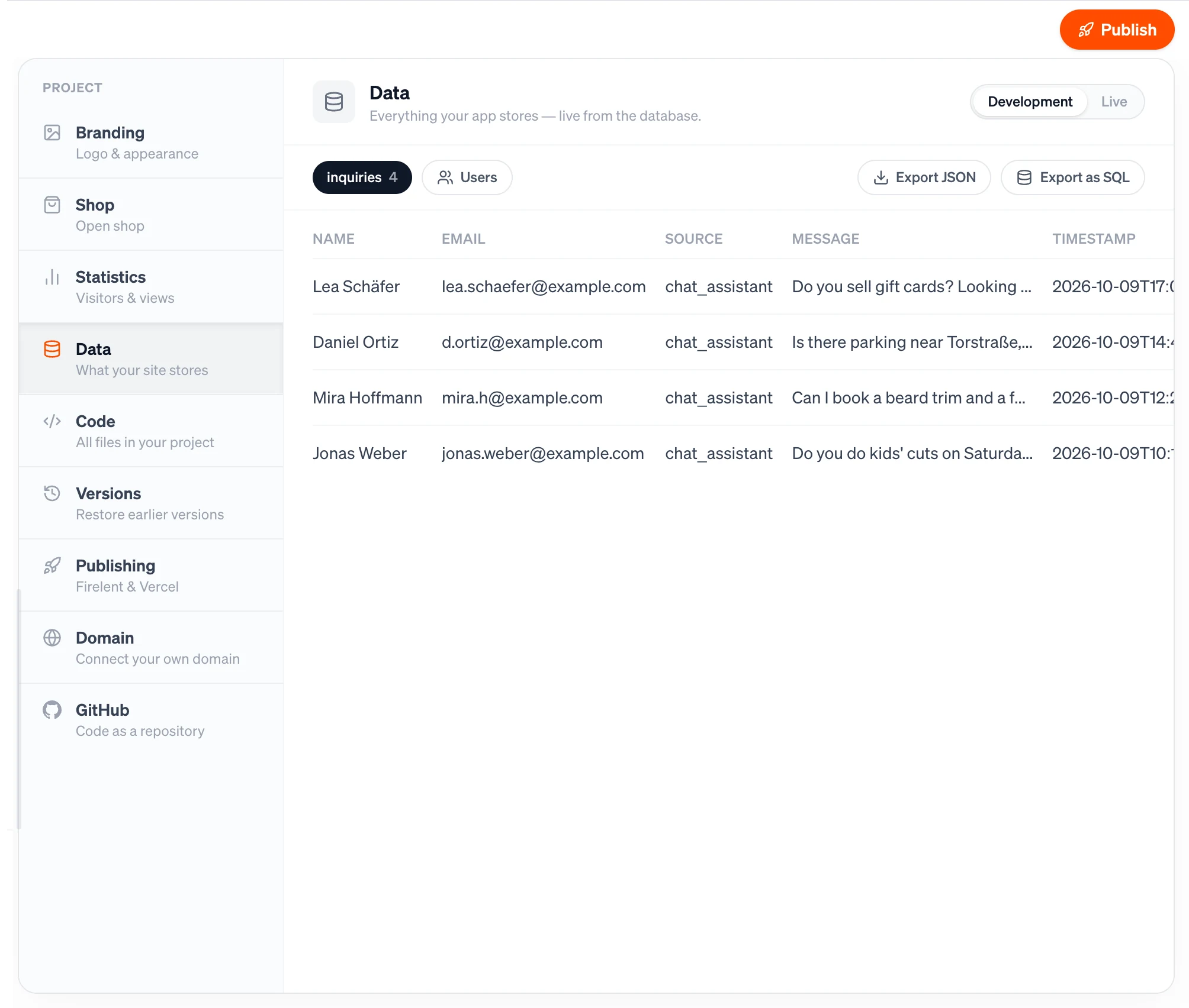 The Data section of a project, listing messages saved by a chat assistant