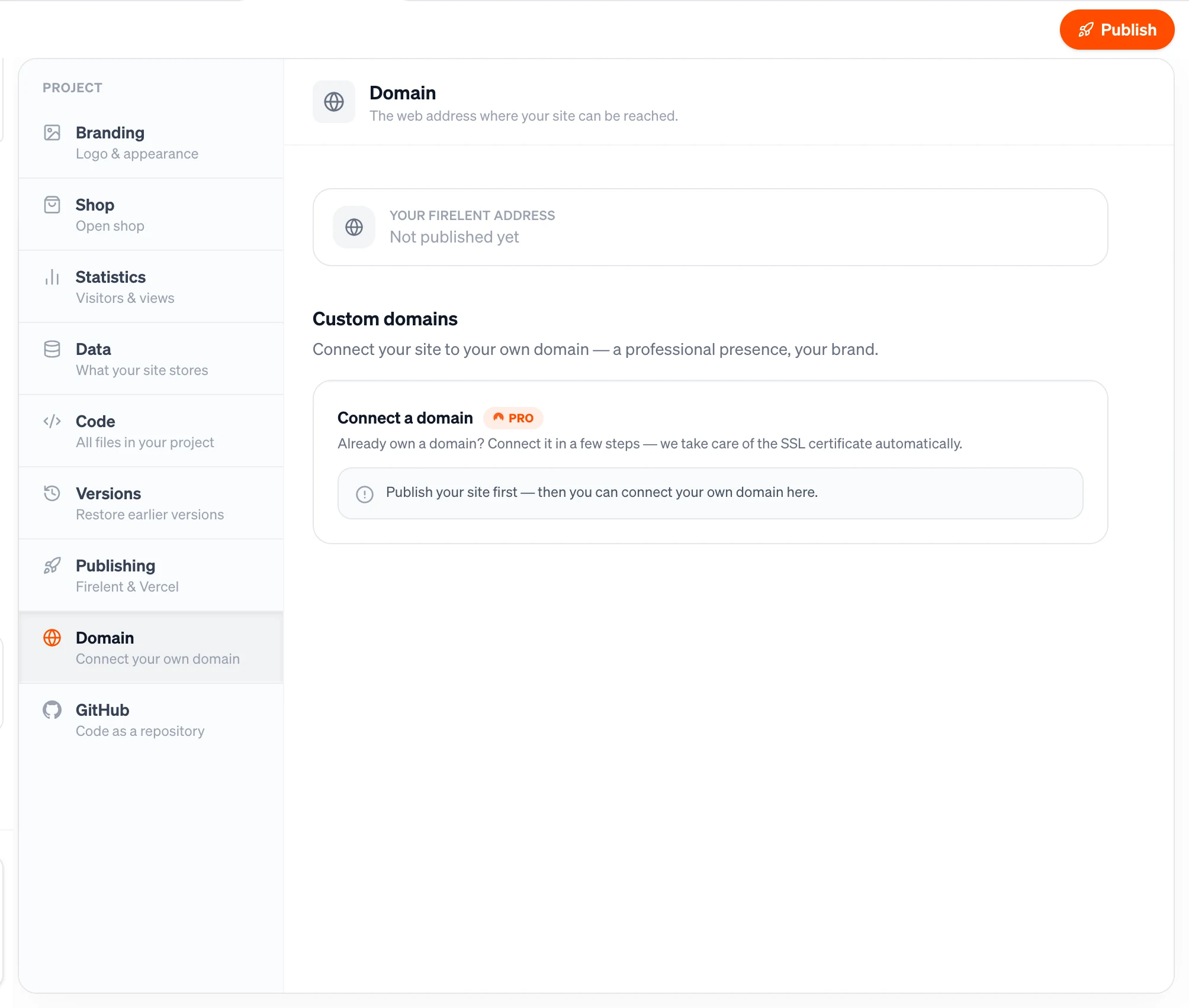 The Domain section with your Firelent address and Connect a domain