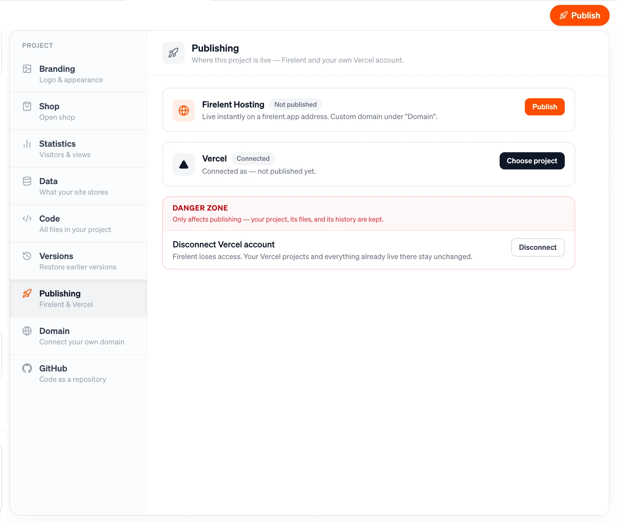 The Publishing section showing Firelent Hosting