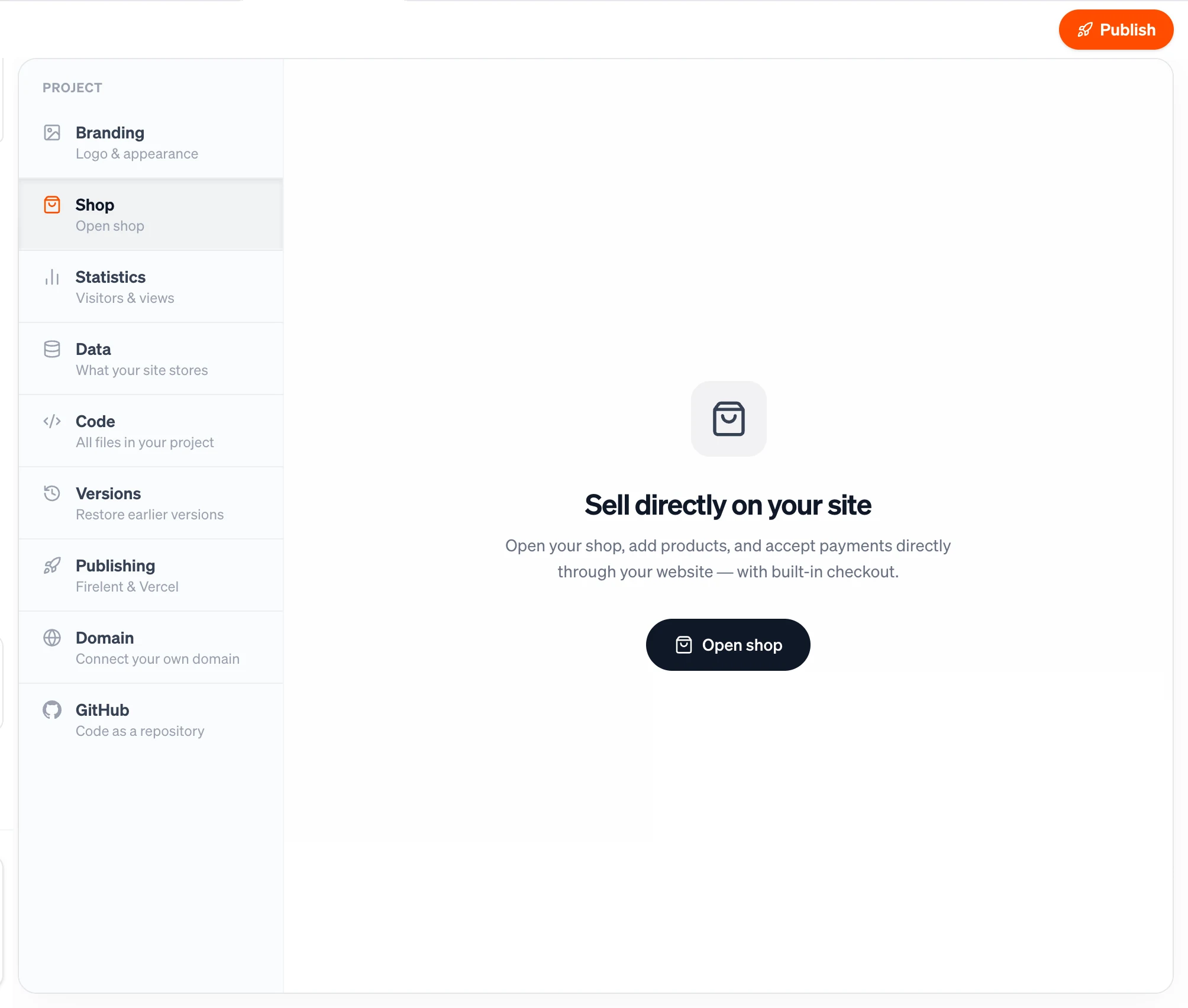 The Shop section with the Open shop button