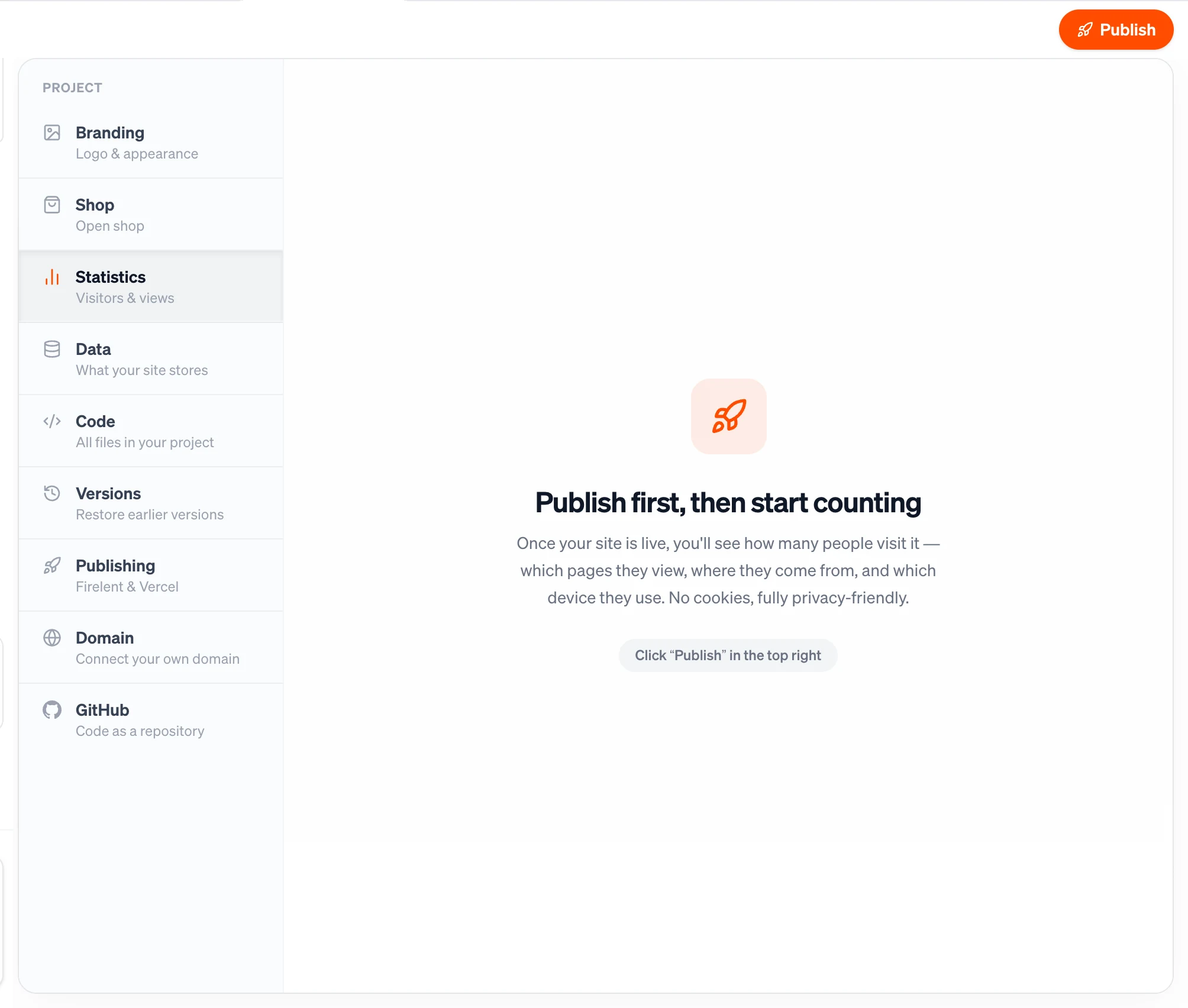 The Statistics section before the site is published