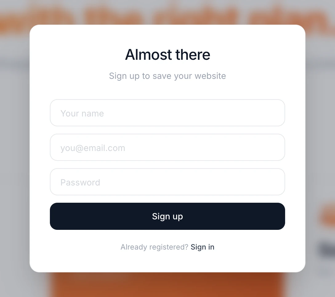 The Firelent sign-up dialog with name, email and password fields