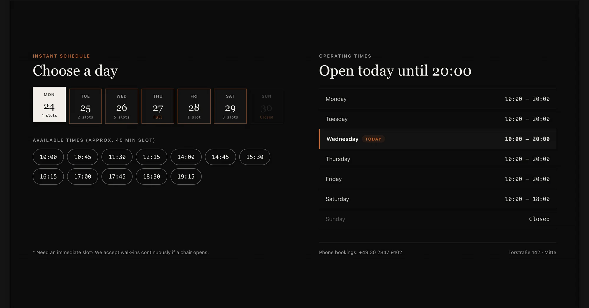 An interactive booking schedule with days, time slots and opening hours