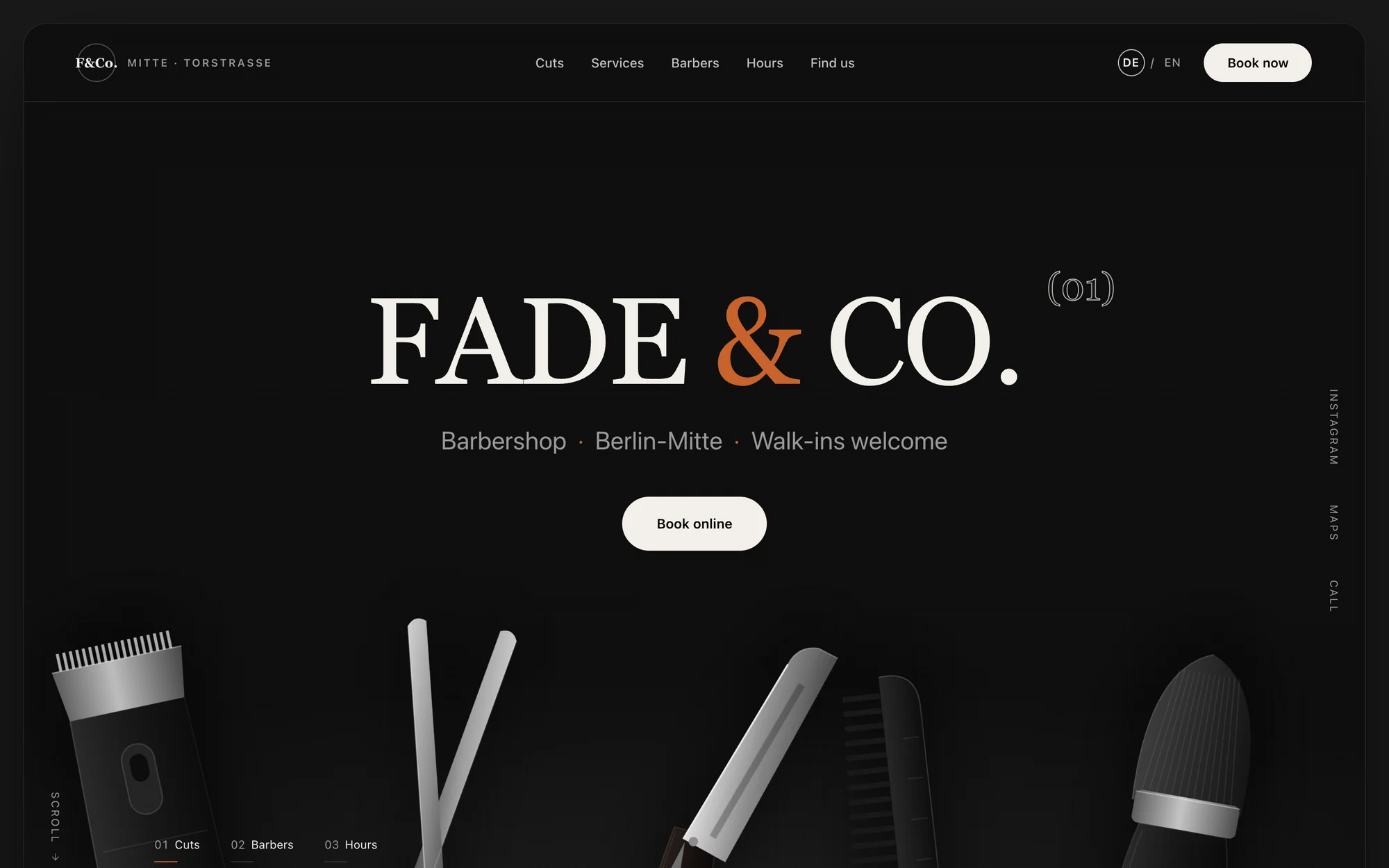 The hero of the Fade & Co. barbershop website: a big serif wordmark and a Book online button