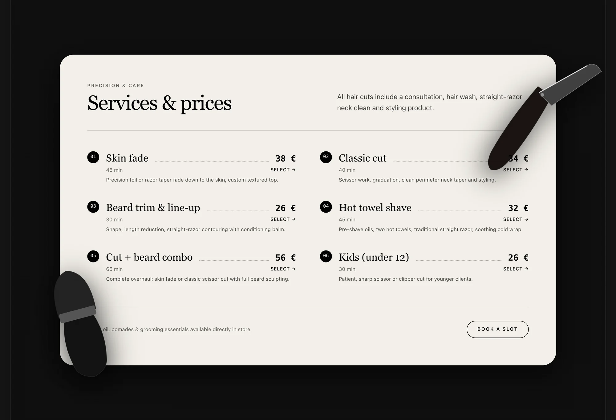 A services and prices section with six services, durations and prices